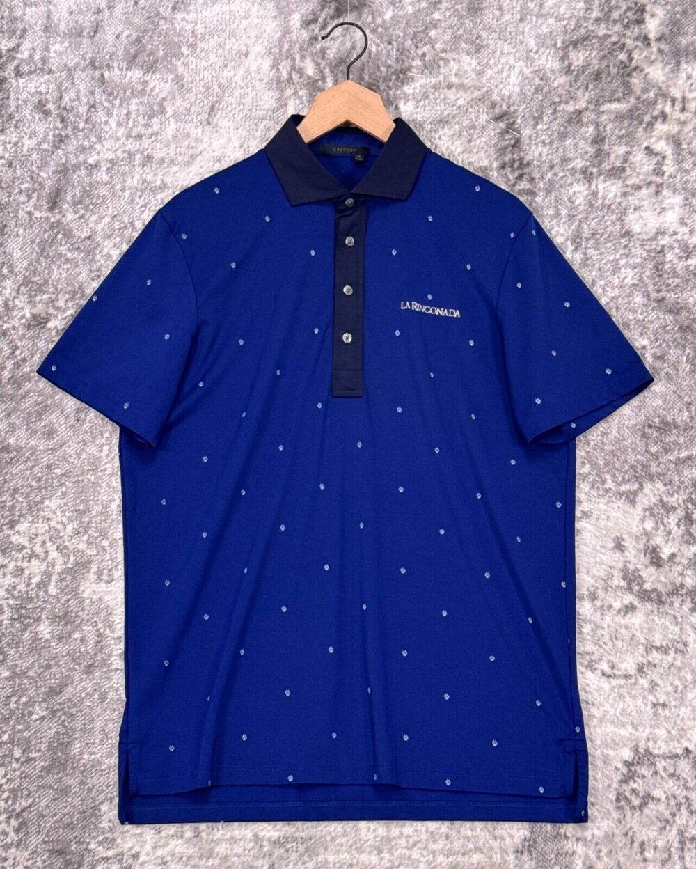 Grayson Polo Shirt Medium Mens Blue Wolf Print Short Sleeve Performance Golf